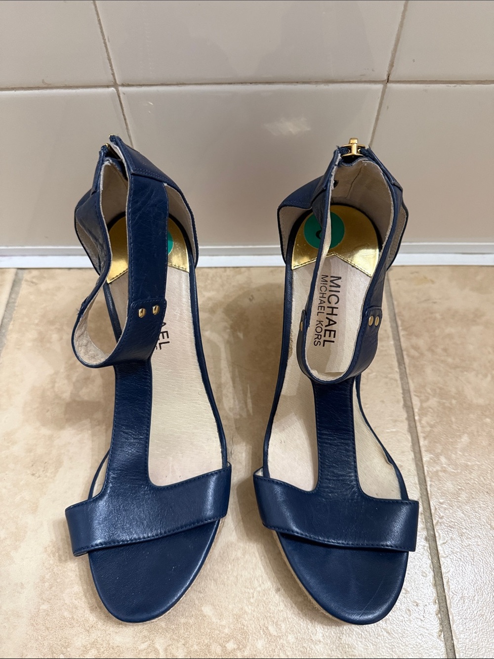 Michael Kors Navy Leather T-Strap Heels with Ankle Buckle